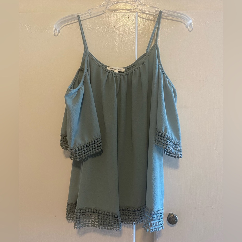Tealish top with cold shoulder